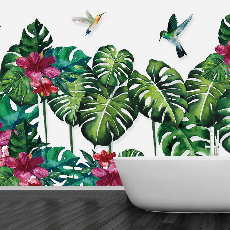 Tropical Monstera Plant Leaf Murals Purple-Green Stain Resistant Wall Art for Home