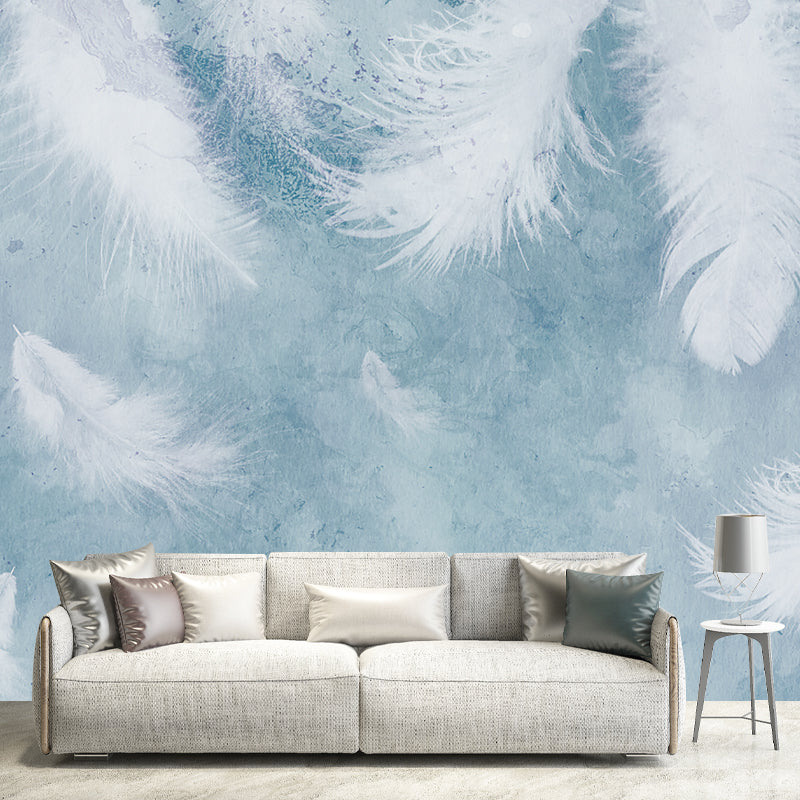 White Feather Wall Mural Decal Water Resistant Modernist Bedroom Wall Art on Blue