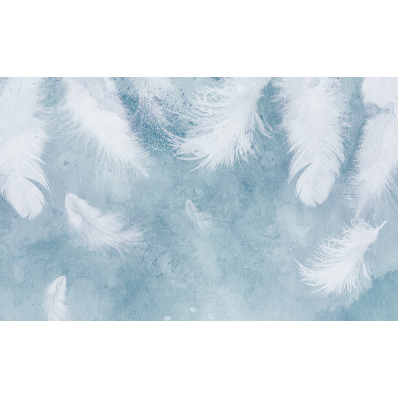 White Feather Wall Mural Decal Water Resistant Modernist Bedroom Wall Art on Blue