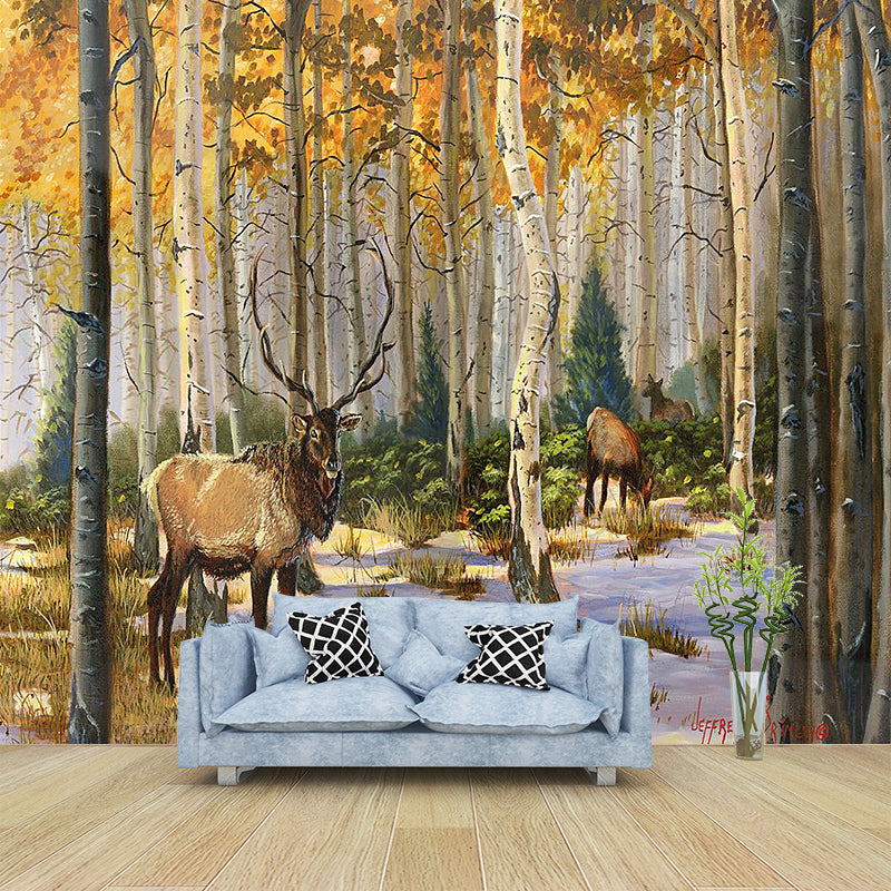 Yellow-Brown Modern Wall Mural Decal Whole Elk in the Forest Wall Covering for Home