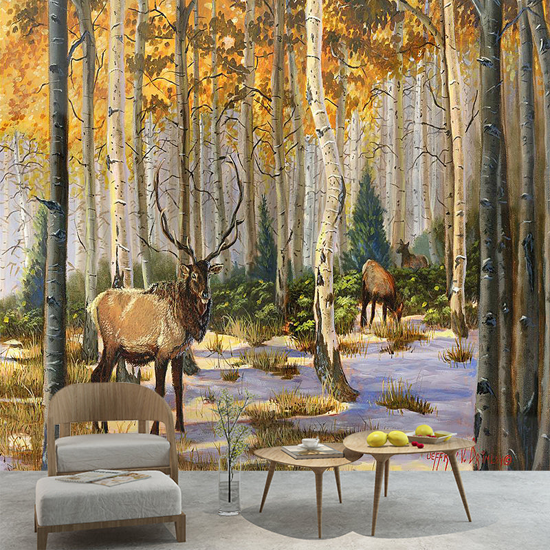 Yellow-Brown Modern Wall Mural Decal Whole Elk in the Forest Wall Covering for Home