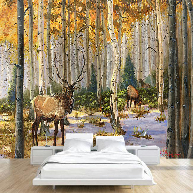 Yellow-Brown Modern Wall Mural Decal Whole Elk in the Forest Wall Covering for Home