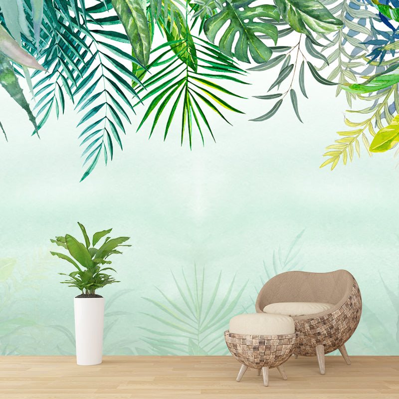 Plant Leaves Wall Murals Tropical Non-Woven Material Wall Art in Green, Waterproof