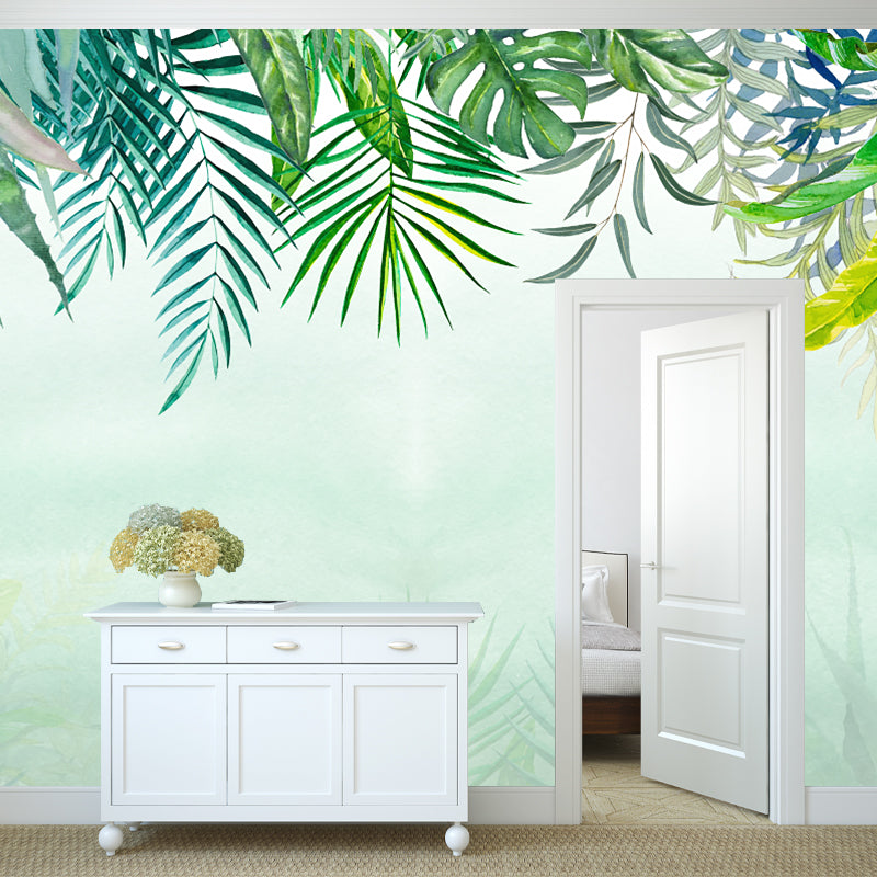 Plant Leaves Wall Murals Tropical Non-Woven Material Wall Art in Green, Waterproof