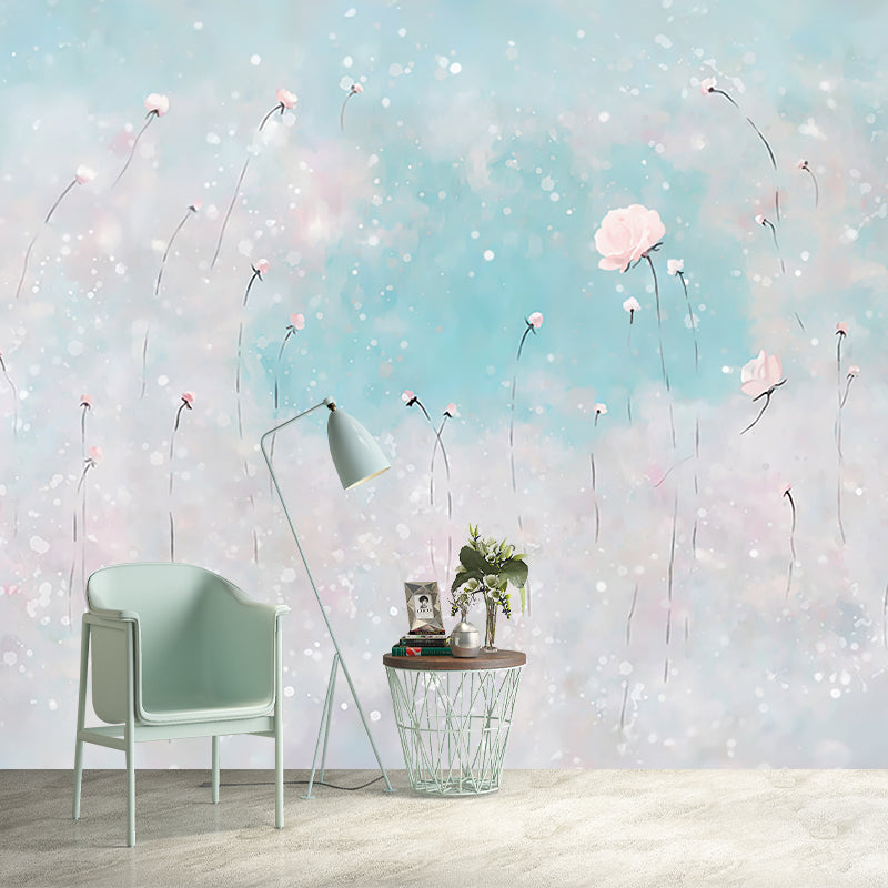 Illustration Flowers Wall Paper Murals for Bedroom, Pink and Blue, Personalised Size