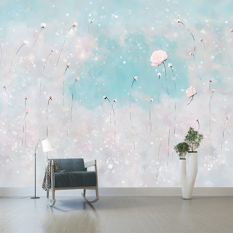 Illustration Flowers Wall Paper Murals for Bedroom, Pink and Blue, Personalised Size