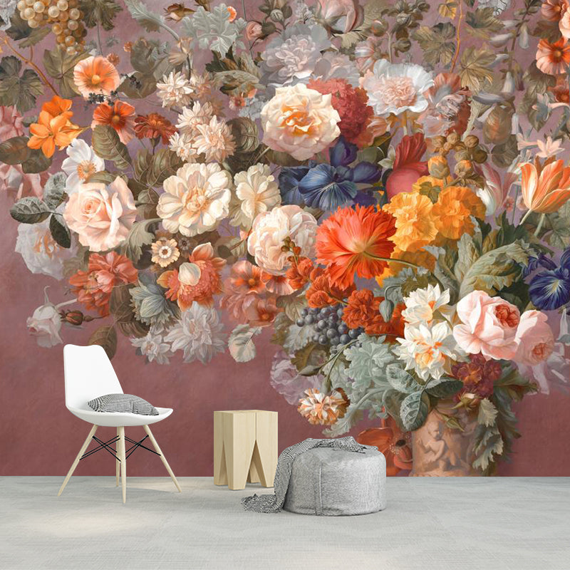 Modern Flowers Wall Murals Non-Woven Decorative Orange Pink Wall Covering for Fireplace