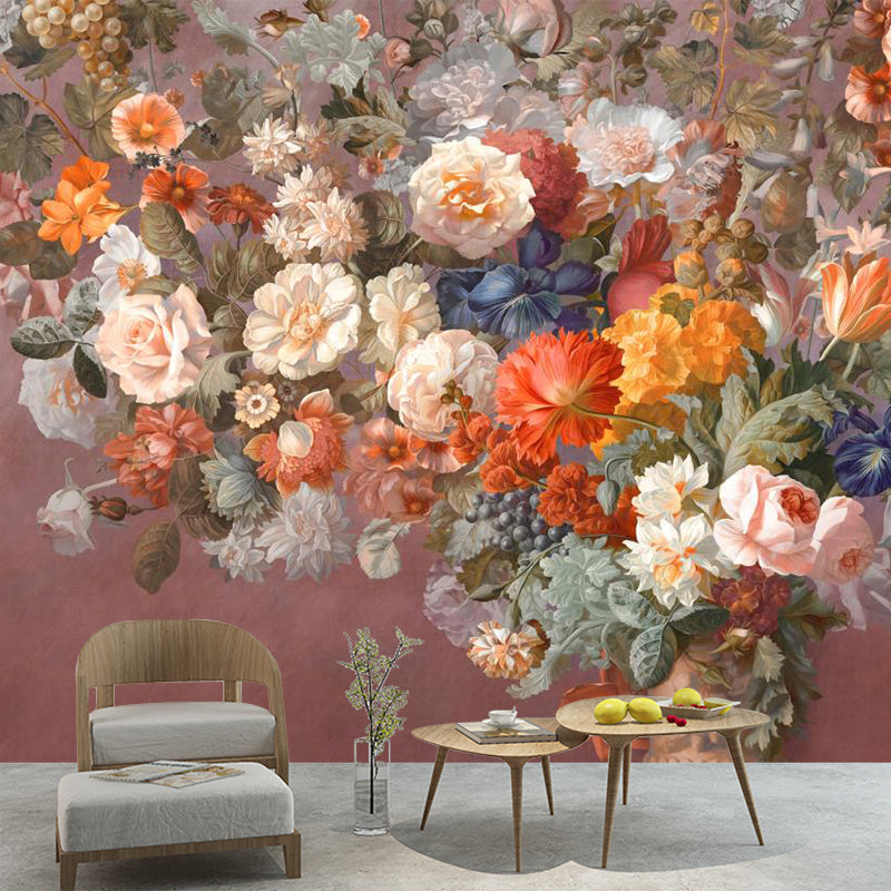 Modern Flowers Wall Murals Non-Woven Decorative Orange Pink Wall Covering for Fireplace