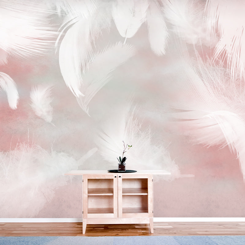 Pink-White Feathers Wall Mural Stain Resistant Wall Decor for Girls Bedroom, Non-Woven Fabric