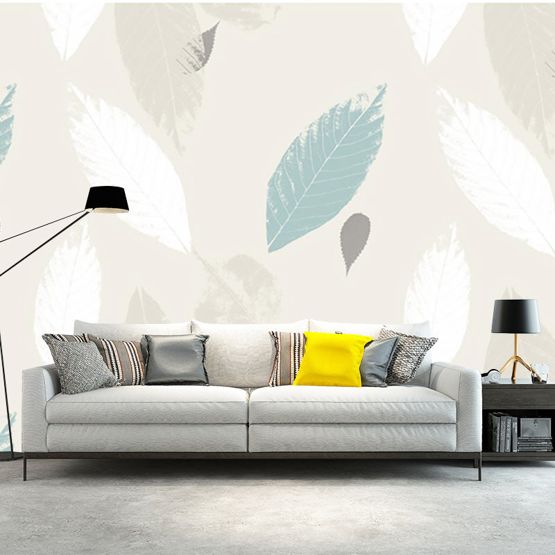 Blue and Yellow Leaves Murals for Wall Stain Resistant Modern Bedroom Wall Covering