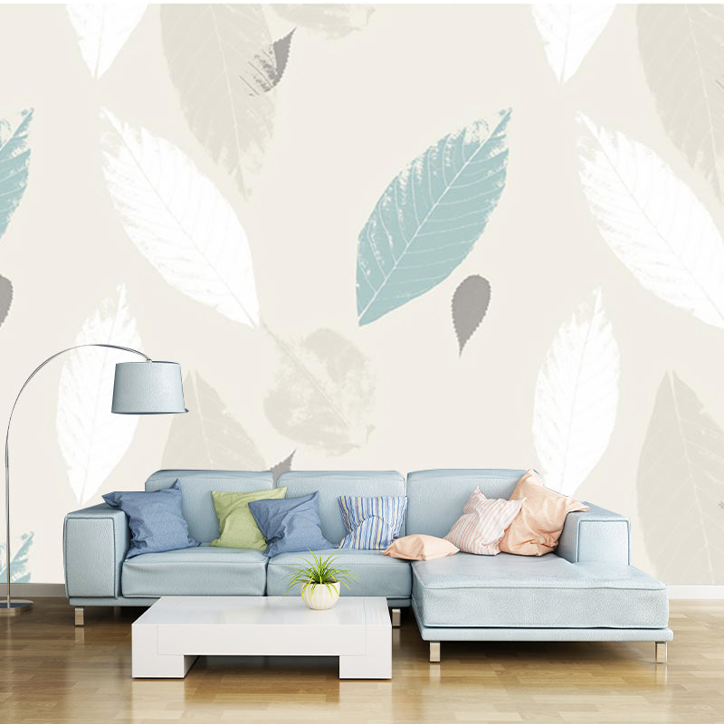 Blue and Yellow Leaves Murals for Wall Stain Resistant Modern Bedroom Wall Covering