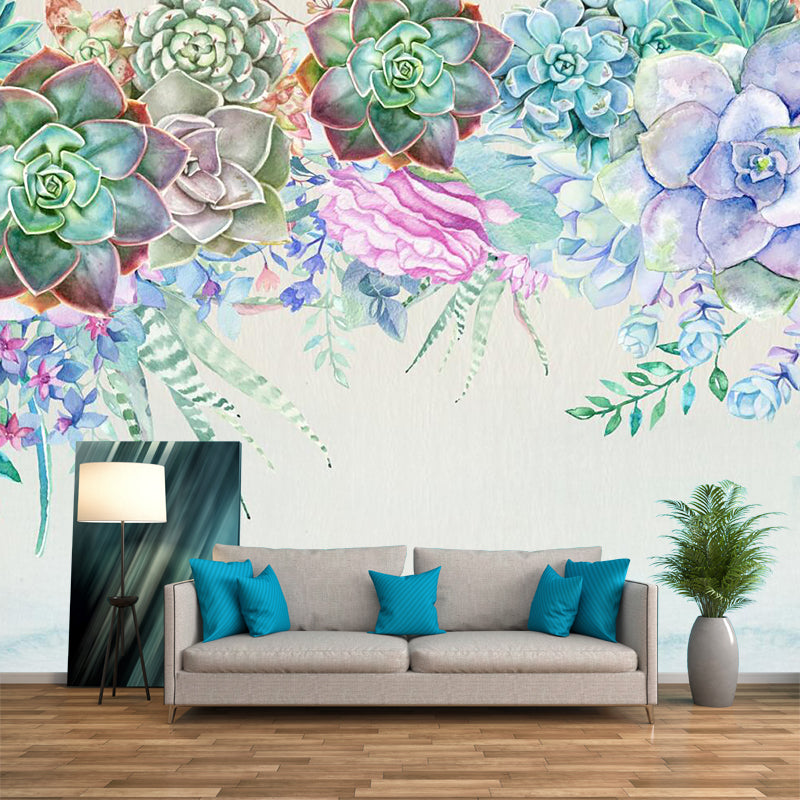 Succulent Plants Mural Wallpaper in Blue and Green, Contemporary Wall Art for Living Room