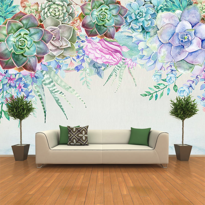 Succulent Plants Mural Wallpaper in Blue and Green, Contemporary Wall Art for Living Room