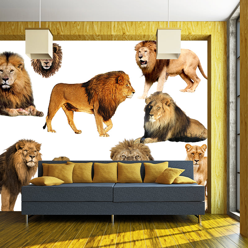 Contemporary Lions Murals Non-Woven Fabric Washable Brown Wall Covering for Accent Wall