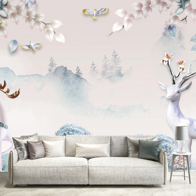 Sikaherten in bosmuurschilderingen in zachte kleuren, eigentijds wanddecor voor woonkamer
