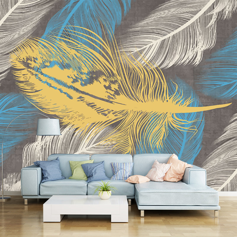 Yellow-Blue Feather Wallpaper Murals Moisture Resistant Modern Bedroom Wall Decor