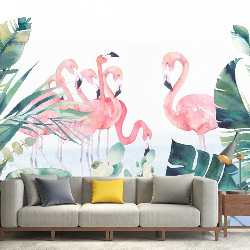 Pink-Green Tropical Wall Murals Full Size Flamingo and Leaves Painting Wall Art for Home
