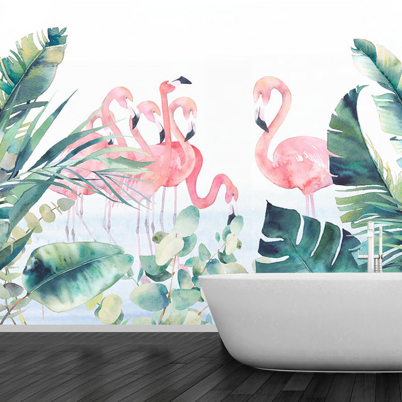 Pink-Green Tropical Wall Murals Full Size Flamingo and Leaves Painting Wall Art for Home