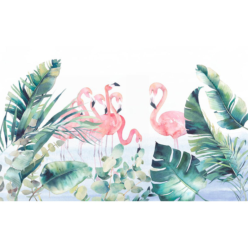 Pink-Green Tropical Wall Murals Full Size Flamingo and Leaves Painting Wall Art for Home