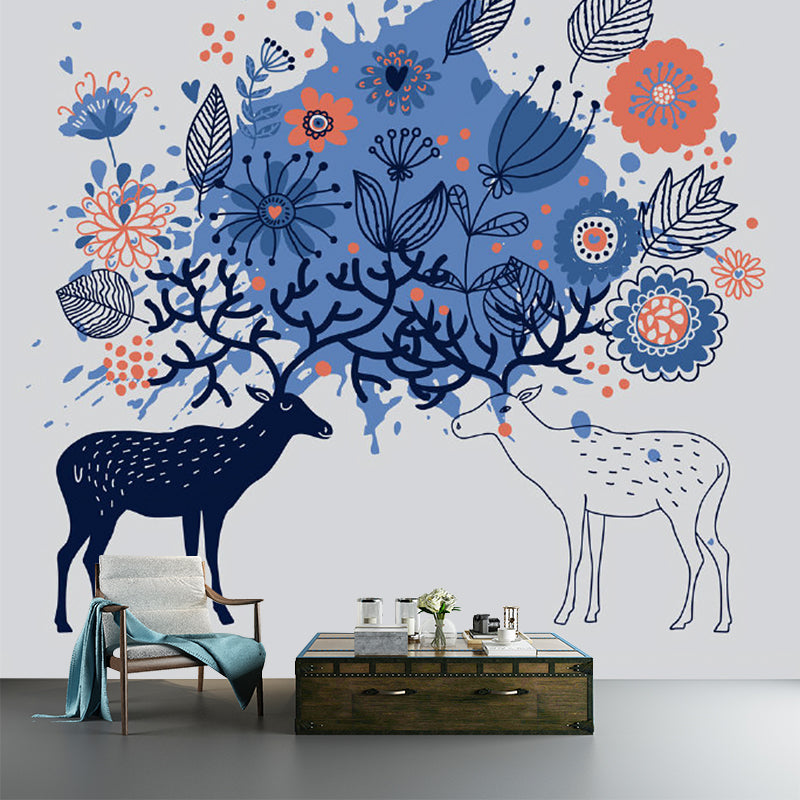 Childrens Art Sika Deer Mural Blue Stain-Resistant Wall Decor for Bedroom, Non-Woven