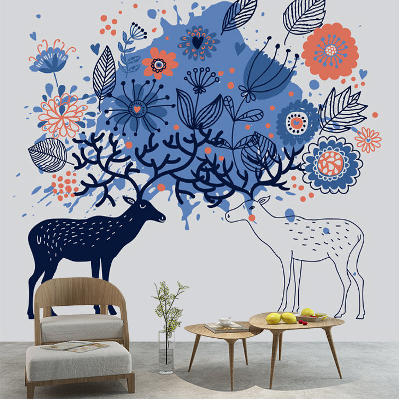 Childrens Art Sika Deer Mural Blue Stain-Resistant Wall Decor for Bedroom, Non-Woven