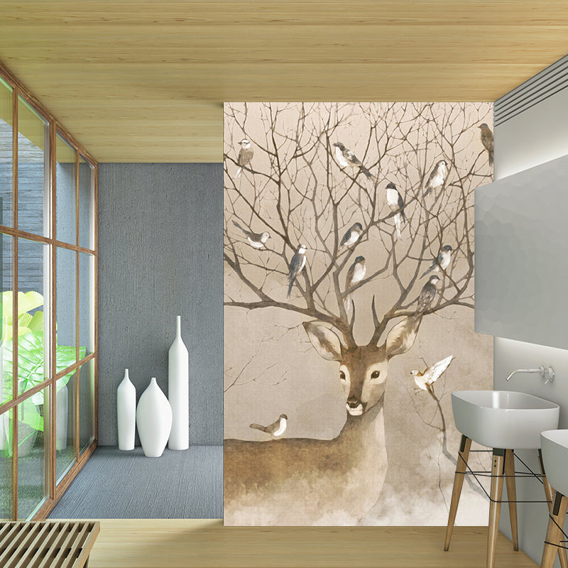Large Animal Murals for Home Deer with Bird Patterned Wall Art in Brown, Waterproof