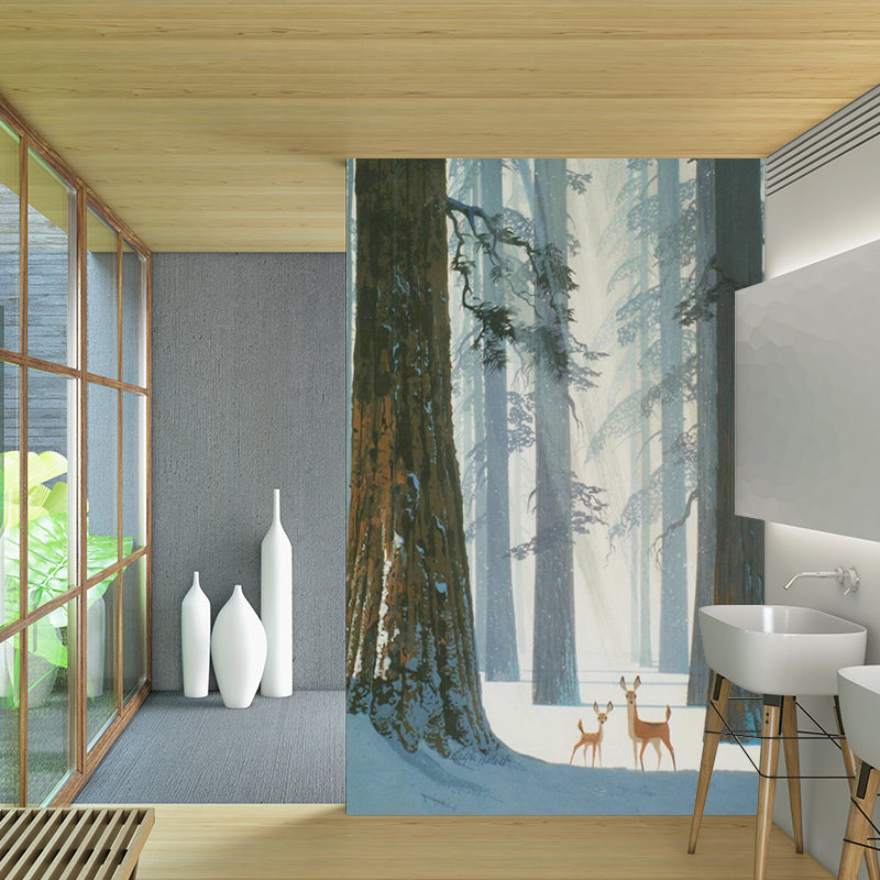 Waterproof Wall Murals Nordic Non-Woven Wall Covering with Deer in Winter Forest Pattern
