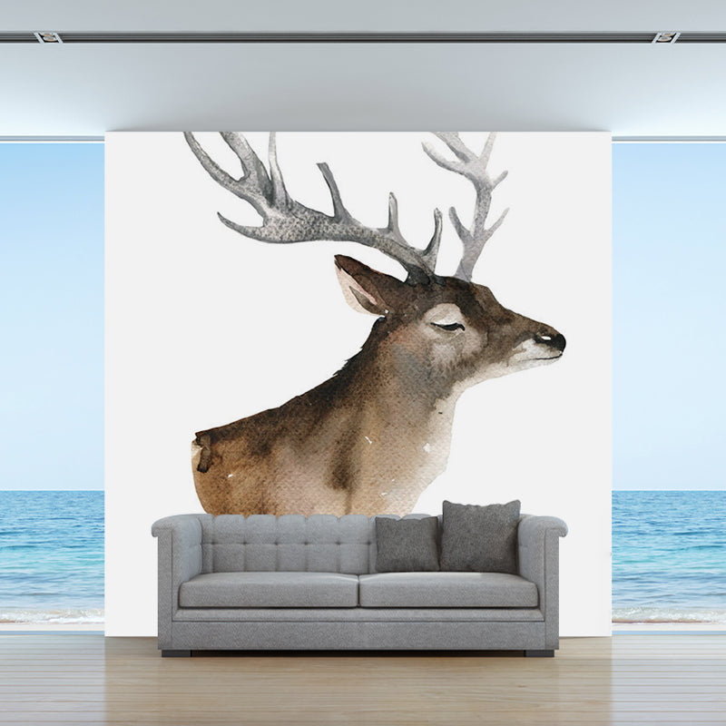 Brown Deer Head Painting Murals Wallpaper Stain-Resistant Wall Decoration for Living Room