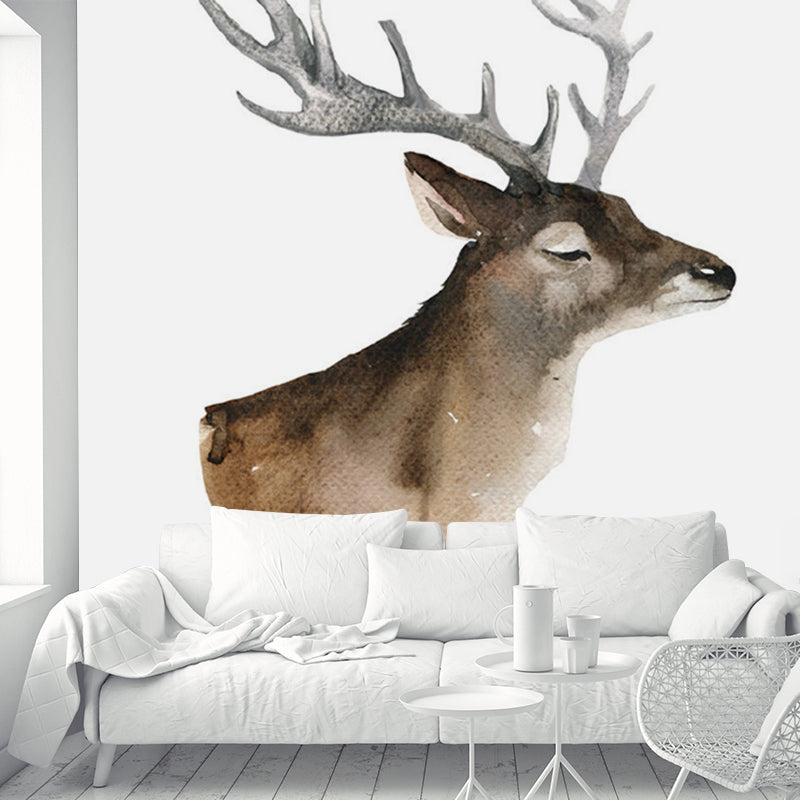 Brown Deer Head Painting Murals Wallpaper Stain-Resistant Wall Decoration for Living Room