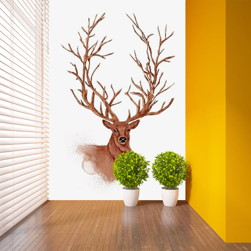 Non-Woven Waterproof Mural Nordic Style Deer Patterned Wall Covering in Brown for Home