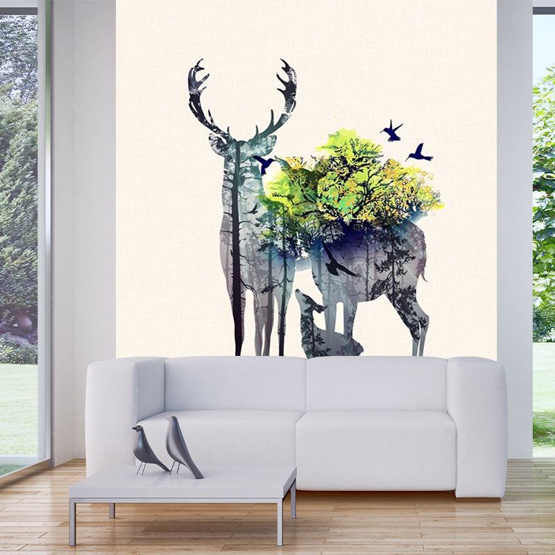 Deer Family Watercolor Murals Art Deco Moisture Resistant Bedroom Wall Covering, Customized Size