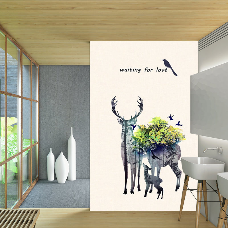 Deer Family Watercolor Murals Art Deco Moisture Resistant Bedroom Wall Covering, Customized Size
