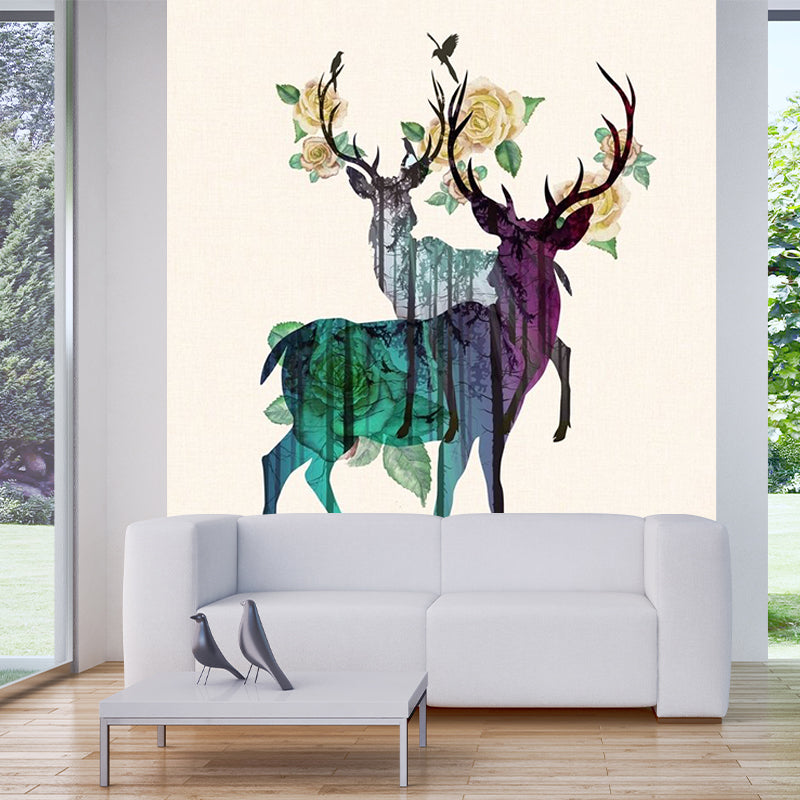 Custom Illustration Artistic Mural with Deer and Peony Blossom Pattern in Yellow-Green