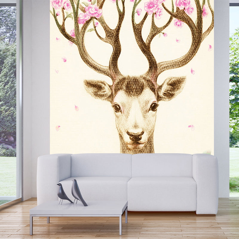 Artistry Girls Wall Mural with Flower on Deer Antler Drawing Pattern Beige Wall Covering for Decor