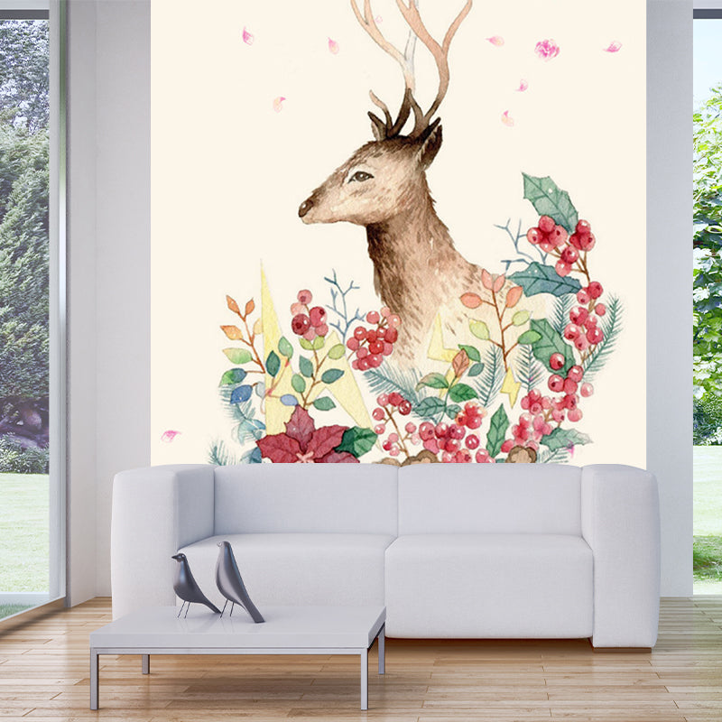 Decorative Deer with Wreath Murals Wallpaper for Accent Wall Customized Wall Art in Red-Green
