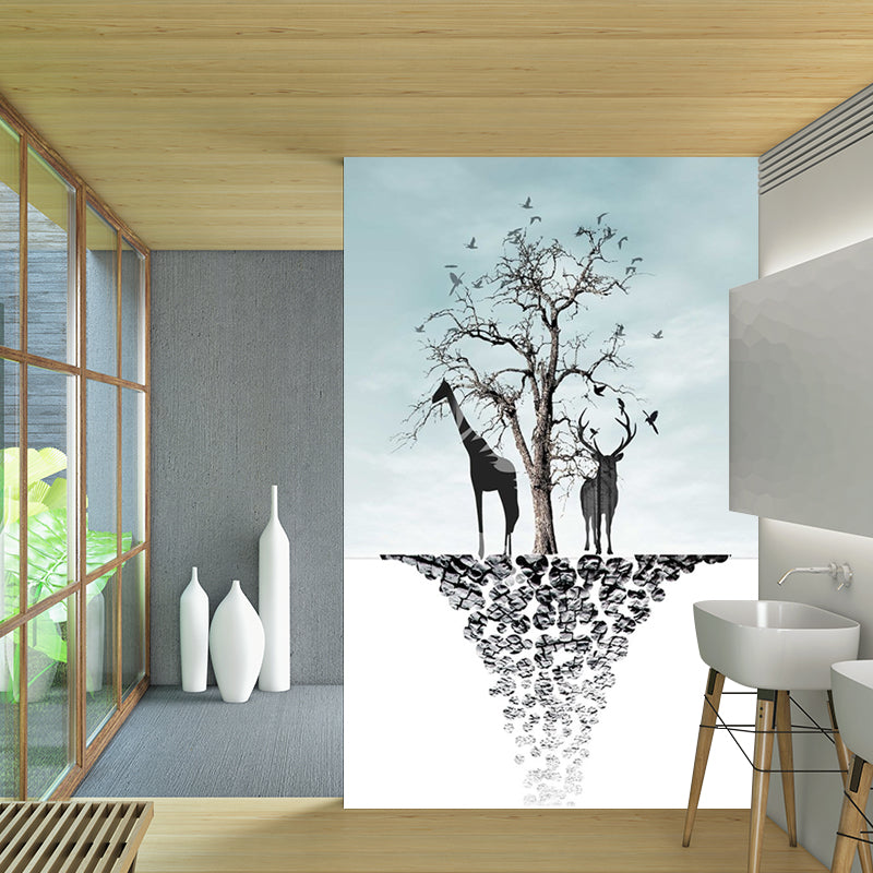 Blue-Black Art Deco Murals Full Size Path to Deer and Bare Tree Painting Wall Covering for Accent Wall