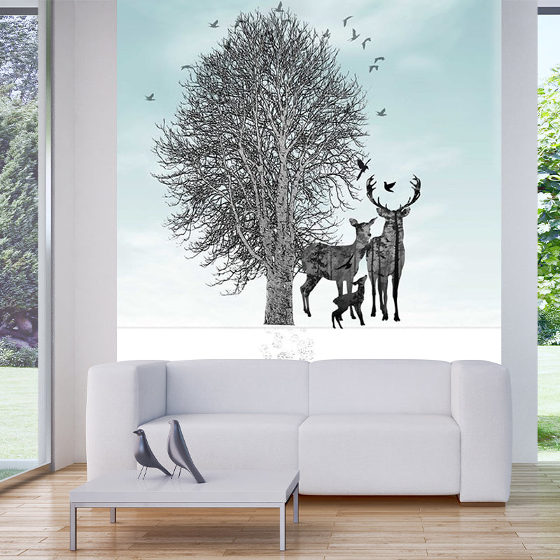Blue-Black Art Deco Murals Full Size Path to Deer and Bare Tree Painting Wall Covering for Accent Wall