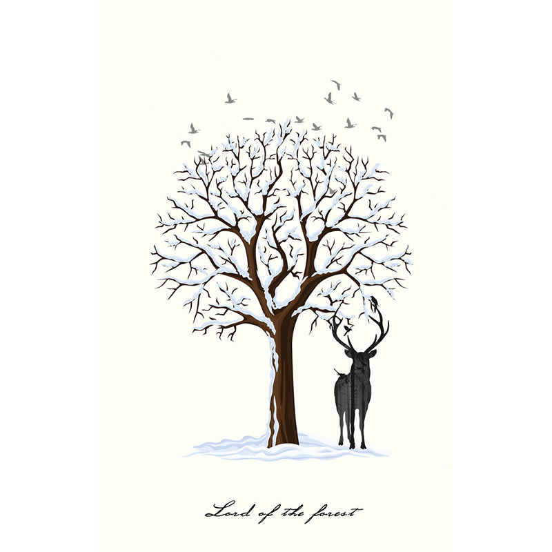 Deer Under Snowy Tree Mural Nordic Stain-Resistant Bedroom Wall Covering, Personalized Size