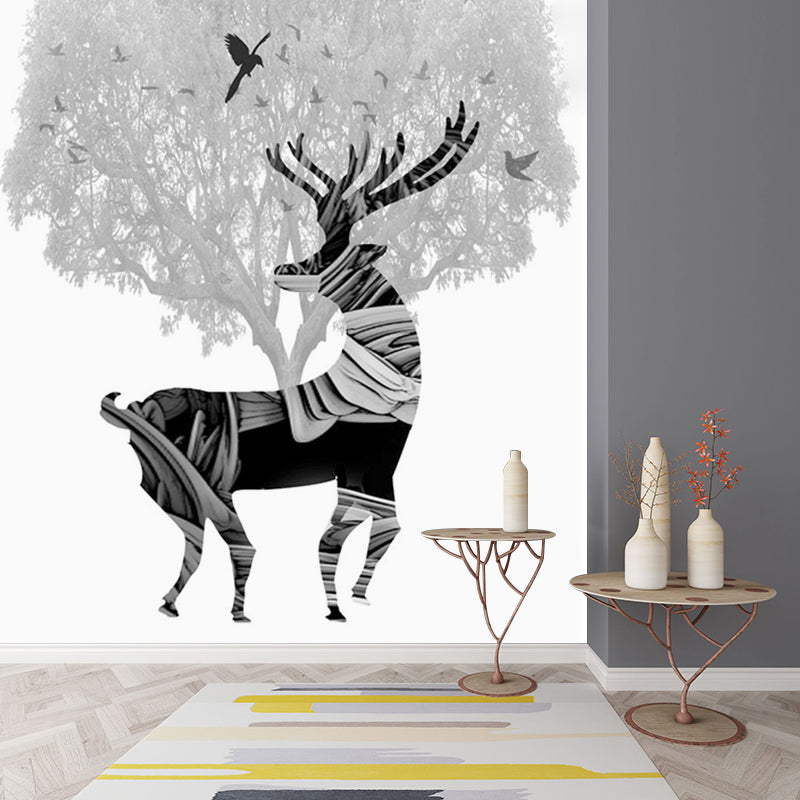 Black-White Artistic Mural Decal Full Size Deer and Tree Pattern Wall Covering for Bedroom