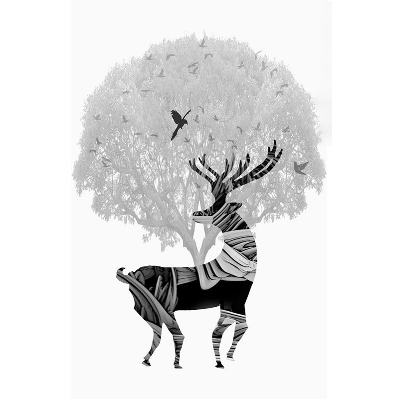 Black-White Artistic Mural Decal Full Size Deer and Tree Pattern Wall Covering for Bedroom