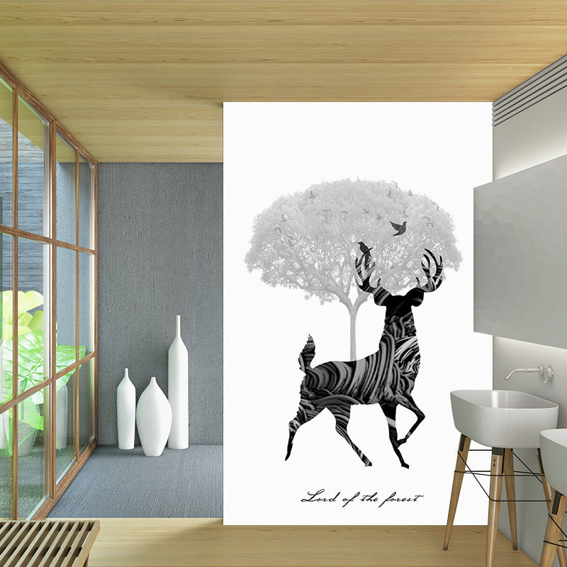 Black-White Artistic Mural Decal Full Size Deer and Tree Pattern Wall Covering for Bedroom