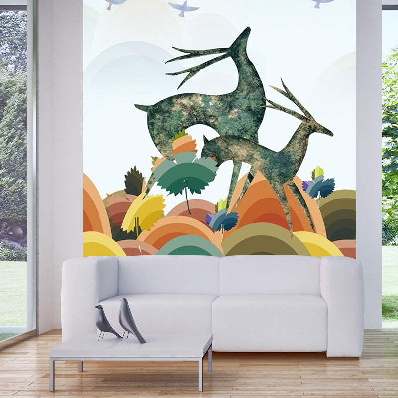 Art Deco Deer Mural Wallpaper for Living Room Customized Wall Covering in Blue-Orange-Yellow