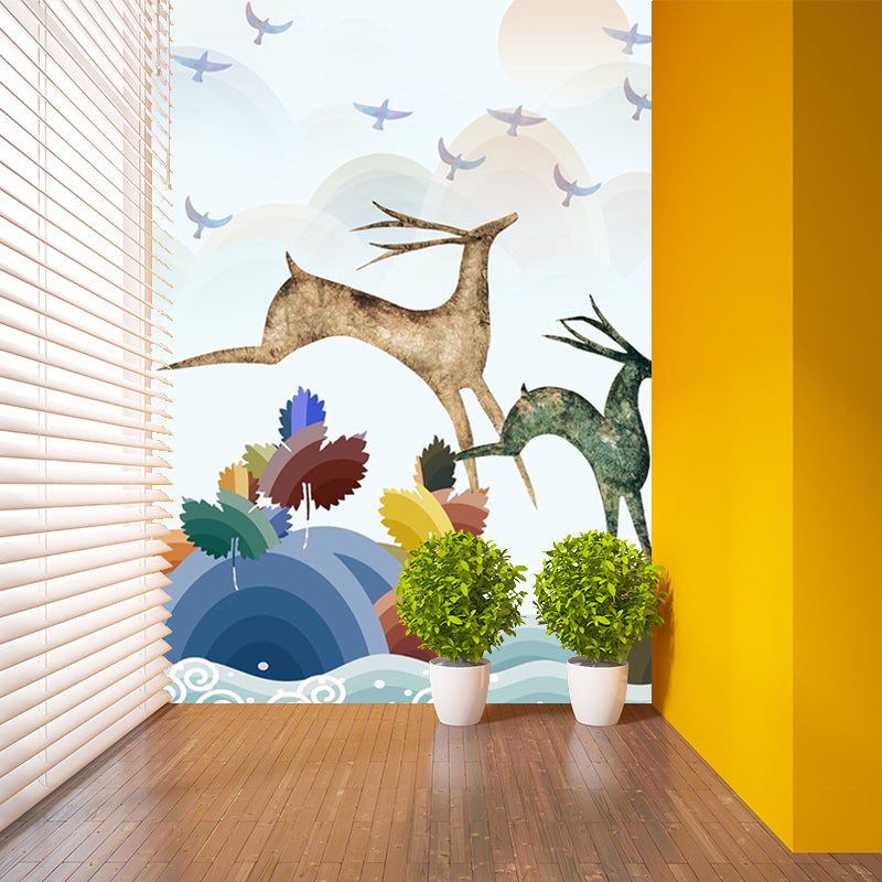 Art Deco Deer Mural Wallpaper for Living Room Customized Wall Covering in Blue-Orange-Yellow