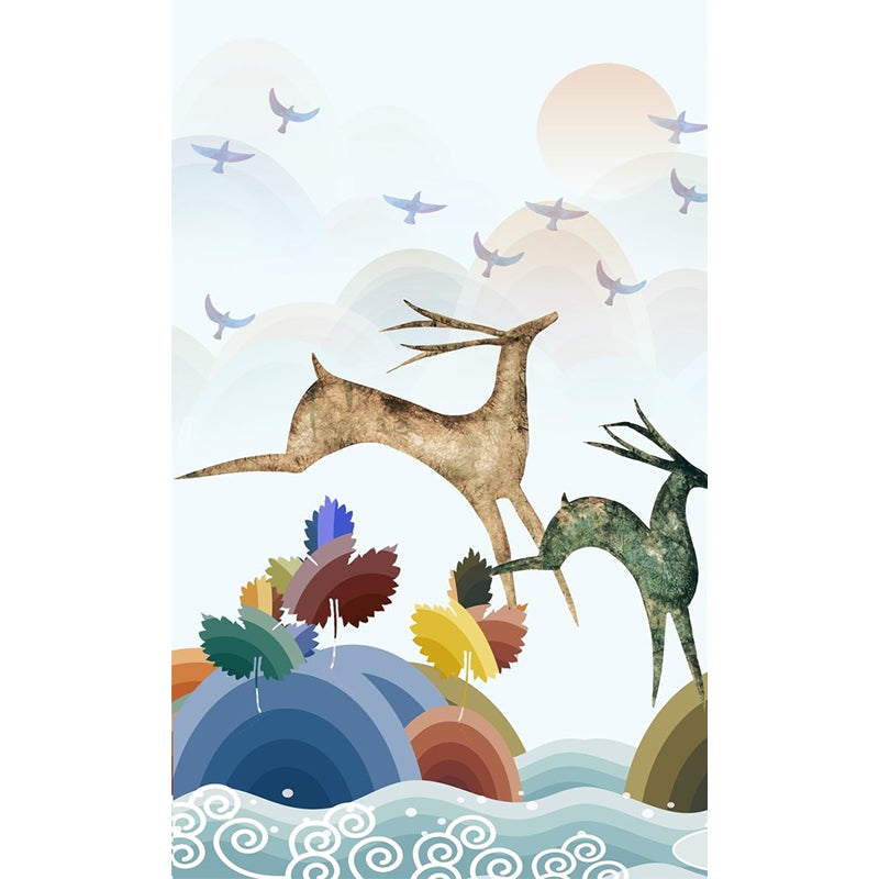 Art Deco Deer Mural Wallpaper for Living Room Customized Wall Covering in Blue-Orange-Yellow