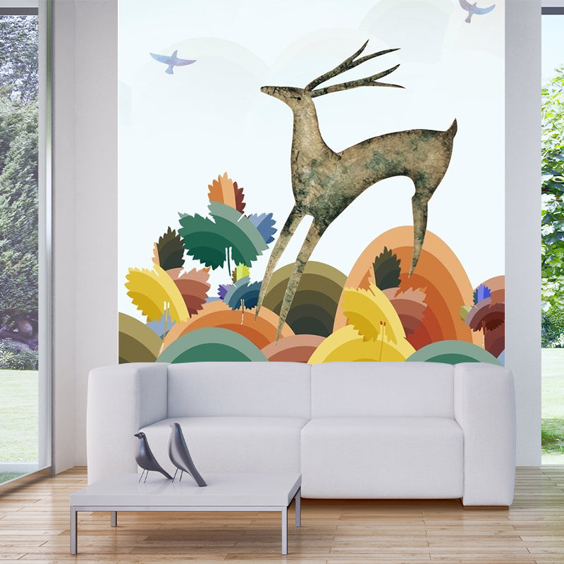 Art Deco Deer Mural Wallpaper for Living Room Customized Wall Covering in Blue-Orange-Yellow