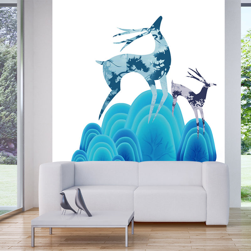Illustration Deer and Stone Murals for Childrens Bedroom, Blue and Purple, Custom Size Available