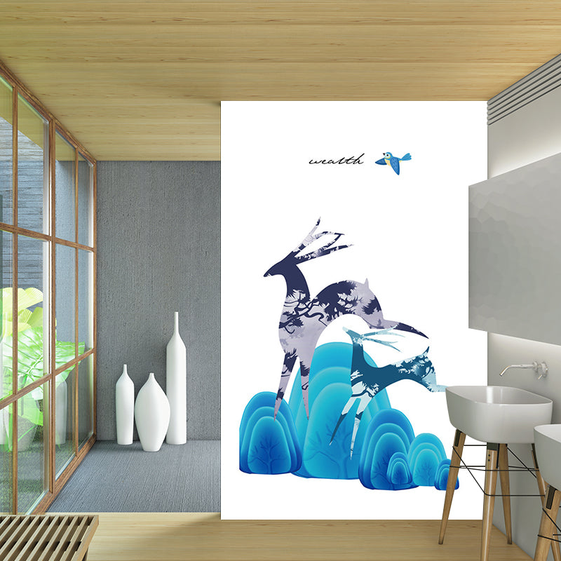 Illustration Deer and Stone Murals for Childrens Bedroom, Blue and Purple, Custom Size Available