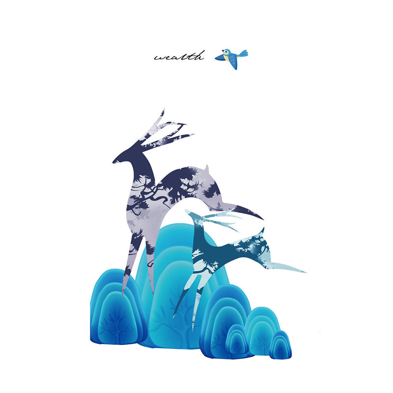 Illustration Deer and Stone Murals for Childrens Bedroom, Blue and Purple, Custom Size Available