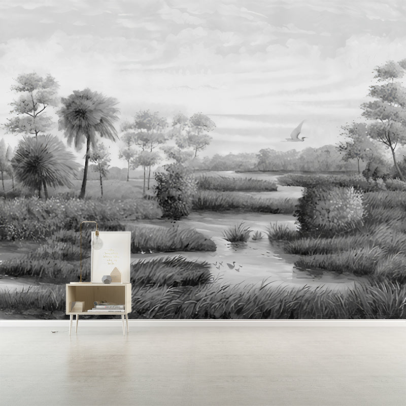 Custom Photography Tropical Wall Murals with River Islets Scenery Pattern in Grey