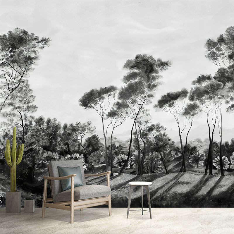 Modern Road Bush Landscape Mural Decal Black-White Stain Resistant Wall Decor for Bedroom